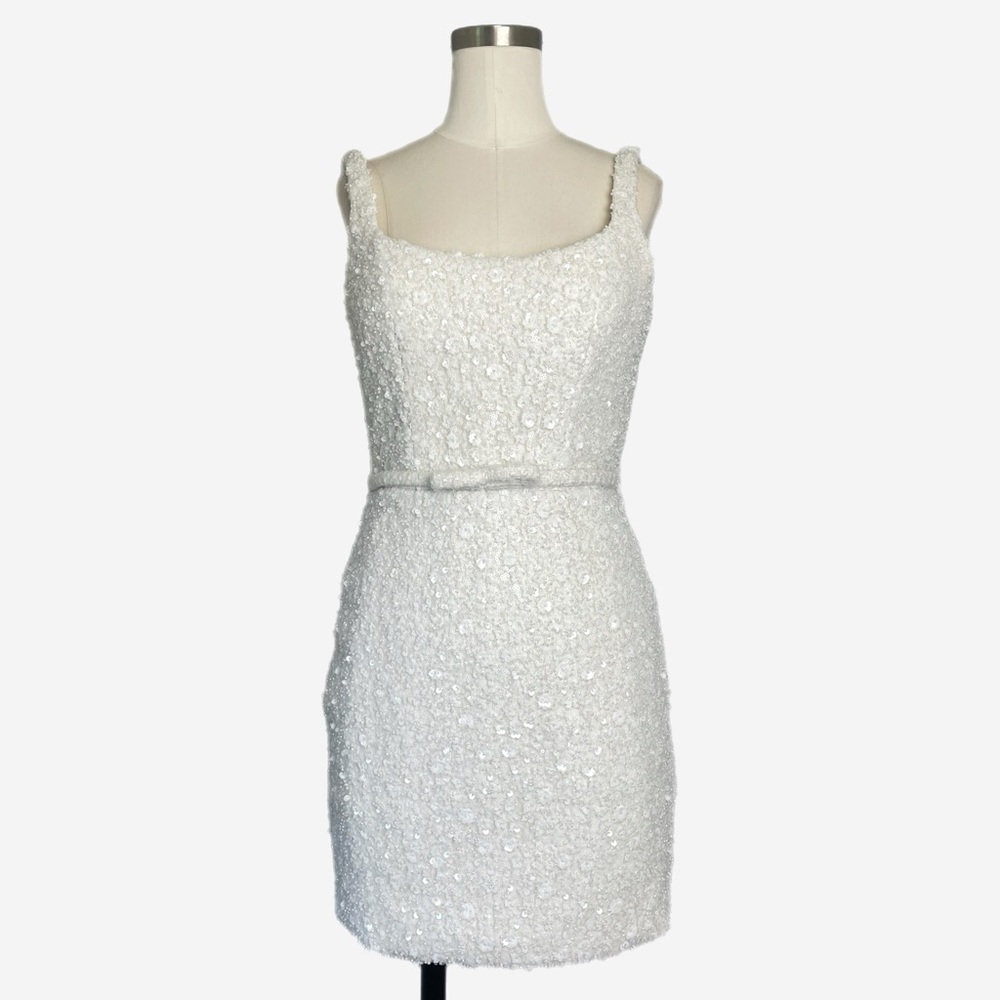 Heirloom Bridal Oaklynn white tweed floral sequin beaded bow mini dress XXS/XS